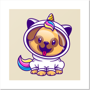 Cute Pug Dog Astronaut Wearing Unicorn Costume Cartoon Posters and Art